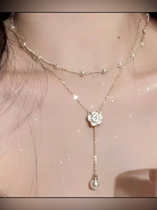 Jewelry - Gold Layered Flower Lariat Necklace with Pearl Drop